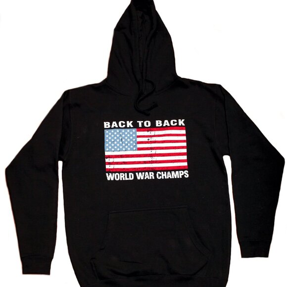 Back To Back World War Champs Pullover Hoodie USA Distressed Flag Black - Picture 1 of 2